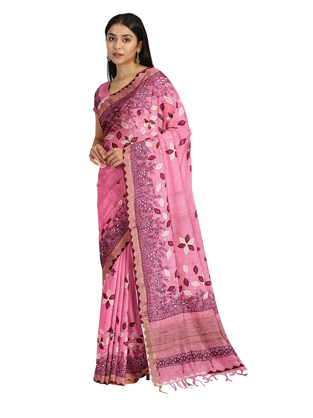 Hand-Painted Madhubani with Applique: A Divine Creation on Tussar Munga Silk